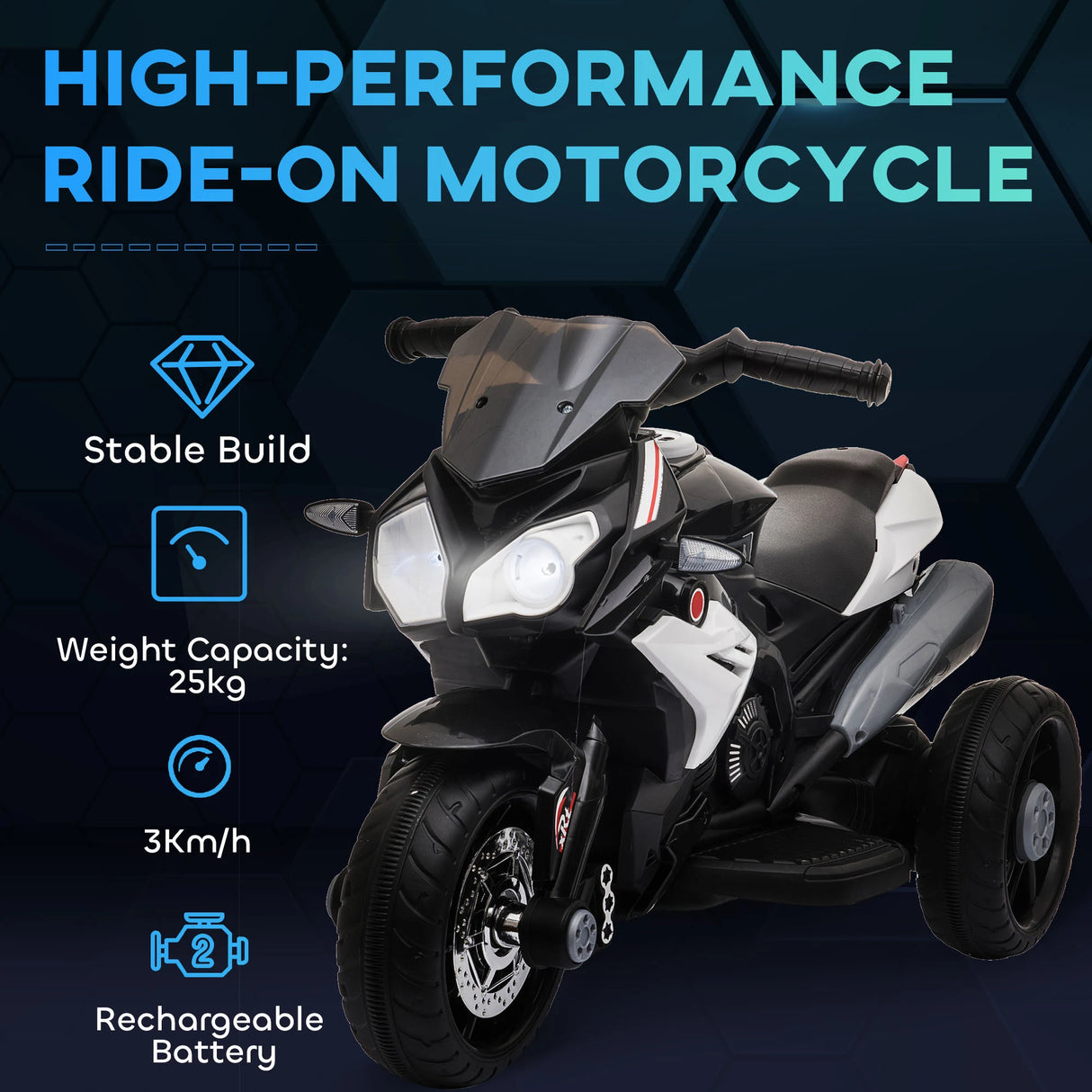 HOMCOM Kids Electric Motorcycle Ride-On Toy, with Three Wheels, Music, Horn, Lights