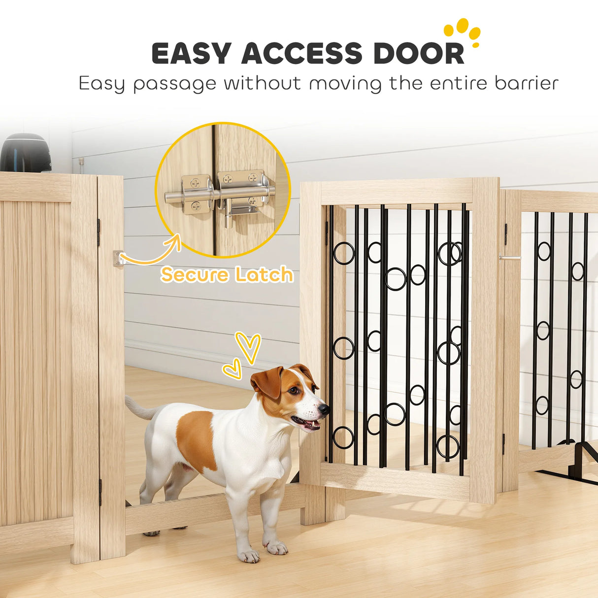 PawHut 4 Panel Freestanding Pet Gate, Indoor Dog Barrier with Lockable Door, Support Feet, 360 Flexible Hinges, Oak