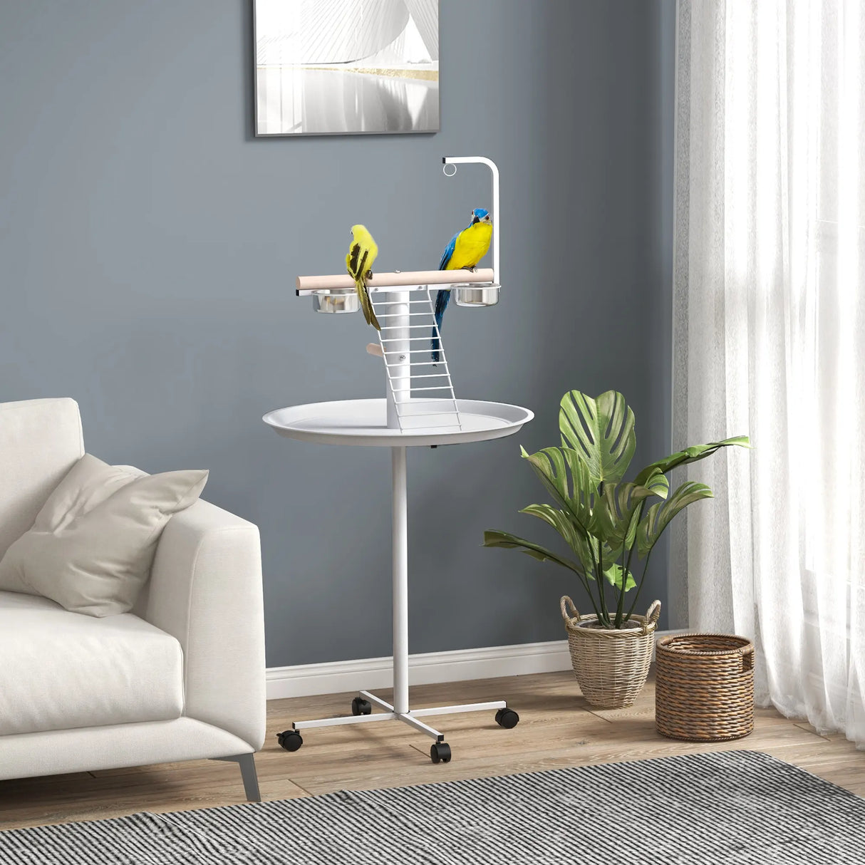 PawHut Bird Stand with Four Wheels, Perches, Stainless Steel Feed Bowls, Round Tray, for Garden, Indoor, Outdoor - White