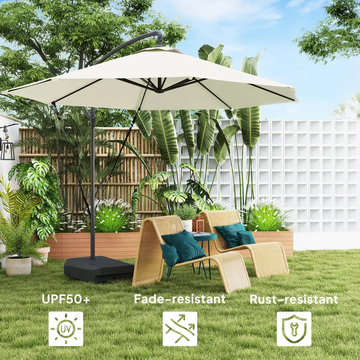 Outsunny 3(m) Garden Cantilever Parasol with Fillable Base up to 90kg, Wind Protection Strap, Cover, Round Banana Hanging Umbrella with Crank Handle and Tilt, UPF50+ Patio Umbrella, Cream