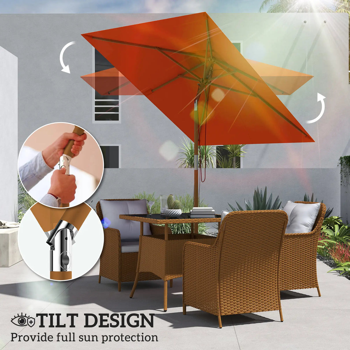 Outsunny 2m Tilting Wooden Pole Parasol - Orange