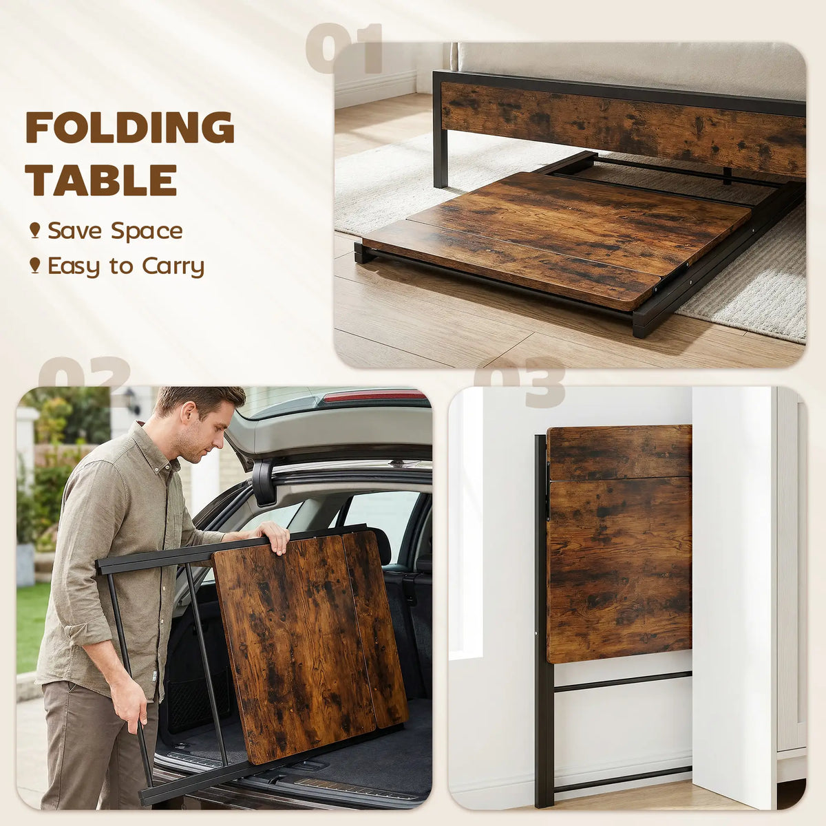 HOMCOM Compact Folding Desk for Small Spaces with Storage Shelf for Home Office, Rustic Brown