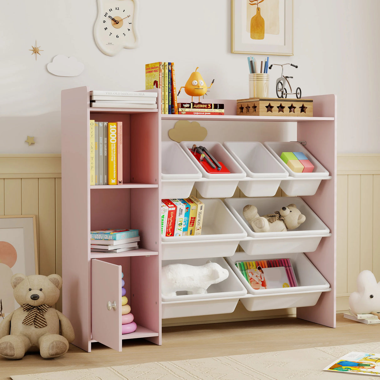 AIYAPLAY Toy Storage Unit with 8 Removable Bins, Storage Shelves, Cabinet, Pink