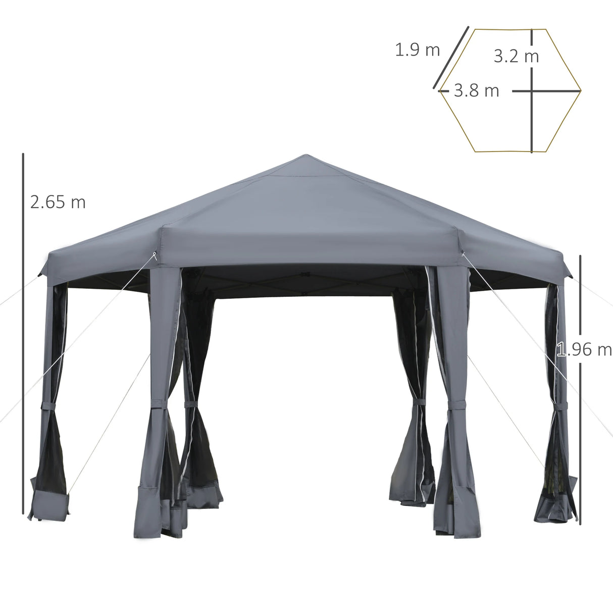 Outsunny 3.8m x 3.2m Pop Up Gazebo Hexagonal Canopy Tent Outdoor Sun Protection with 6 Mesh Sidewalls, Hand Bag, Grey