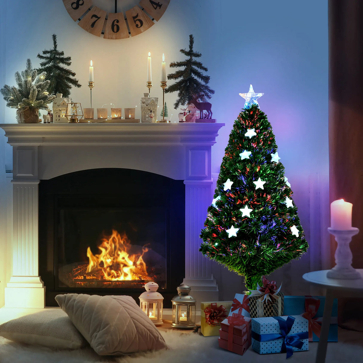 HOMCOM 4FT Prelit Artificial Christmas Tree Fibre Optic Star LED Light Holiday Home Xmas Decoration with LED Light for Indoor Party, Green