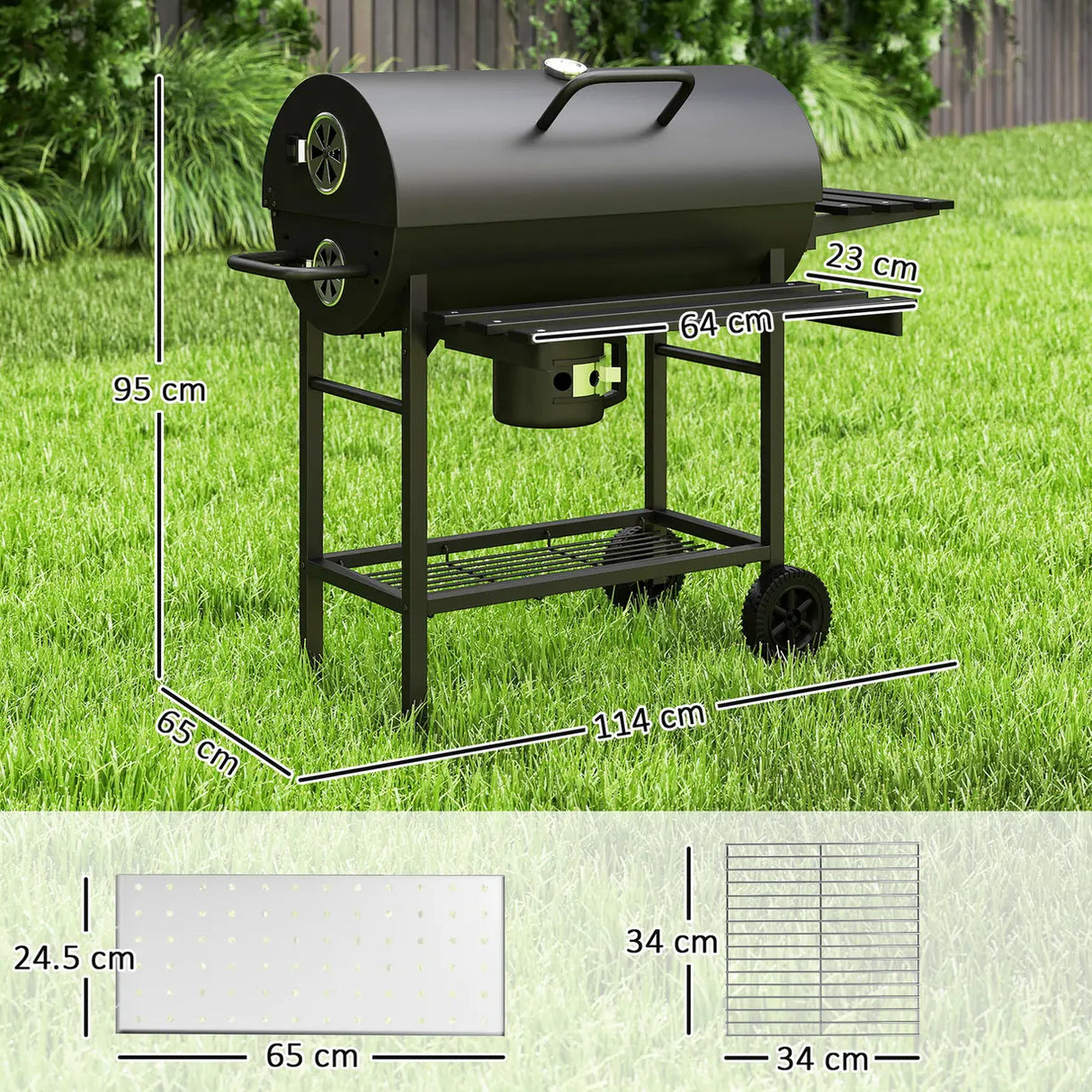 Outsunny Charcoal BBQ Grill with Foldable Front Side Shelf, Portable Barbecue Smoker with Warming Rack, Bottom Shelf, Lid, Temperature Gauge, Wheels for Outdoor Cooking Garden Party, Black