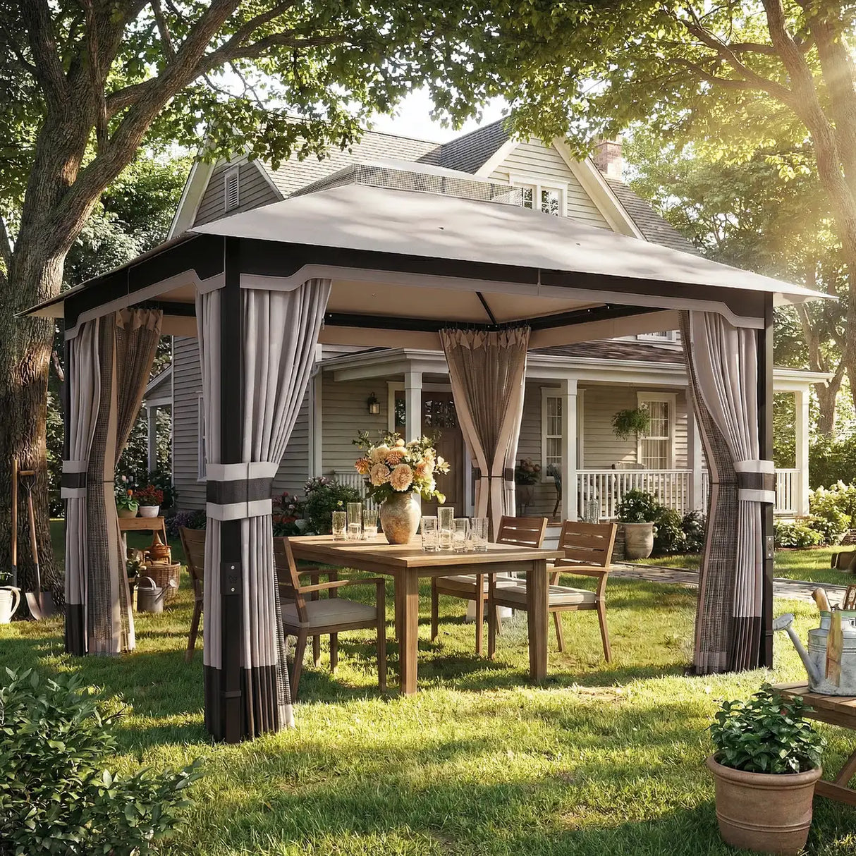Outsunny 3 x 3.6 m Outdoor Garden Gazebo with Netting and Curtains, Double Roof Patio Gazebo Permanent Pavilion, Khaki