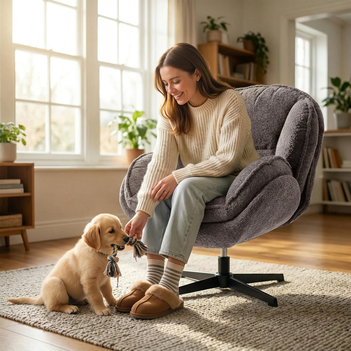HOMCOM Modern Wingback Accent Chair, Velvet Armchair with Four-Star Base, S-Springs, Swivel, Grey