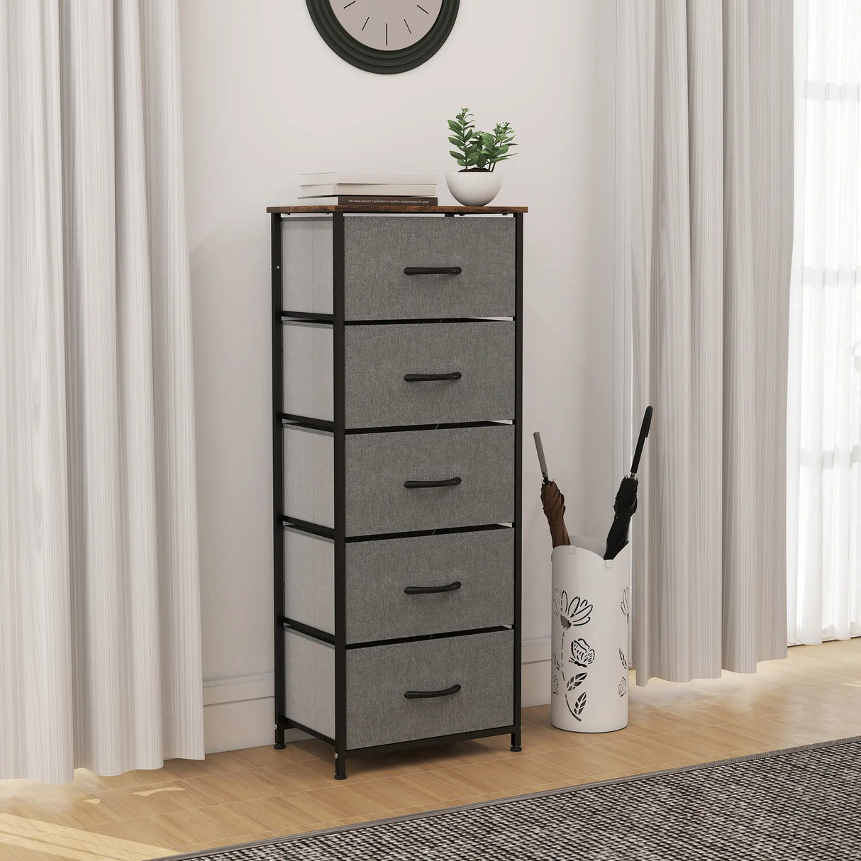 HOMCOM Fabric Chest of Drawers, Industrial Bedroom Dresser with 5 Fabric Drawers, Steel Frame and Wooden Top for Nursery, Living Room, Hallway, Rustic Brown and Grey