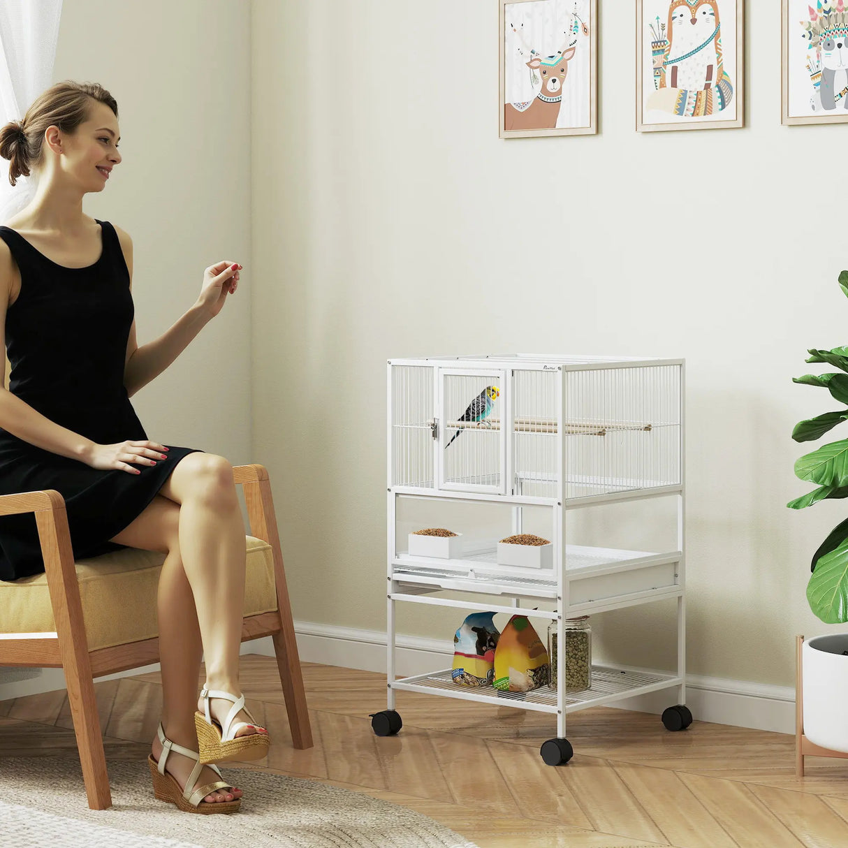 PawHut Bird Cage with Rolling Stand, Acrylic Viewing Panels, Storage Shelf, for Budgie, Parakeet, 48 x 46 x 83 cm