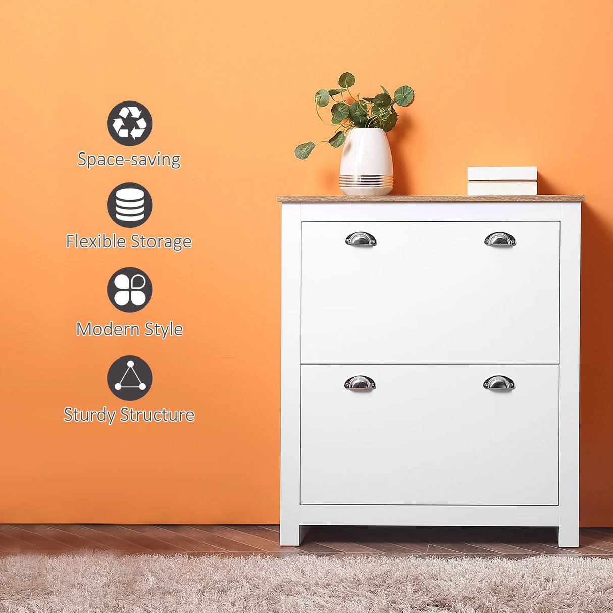 HOMCOM 2 Drawer Shoe Cabinet Modern Narrow Shoe Cupboard Hallway Wooden Storage Organiser with Flip Doors Adjustable Shelf for 6-12 Pairs, White