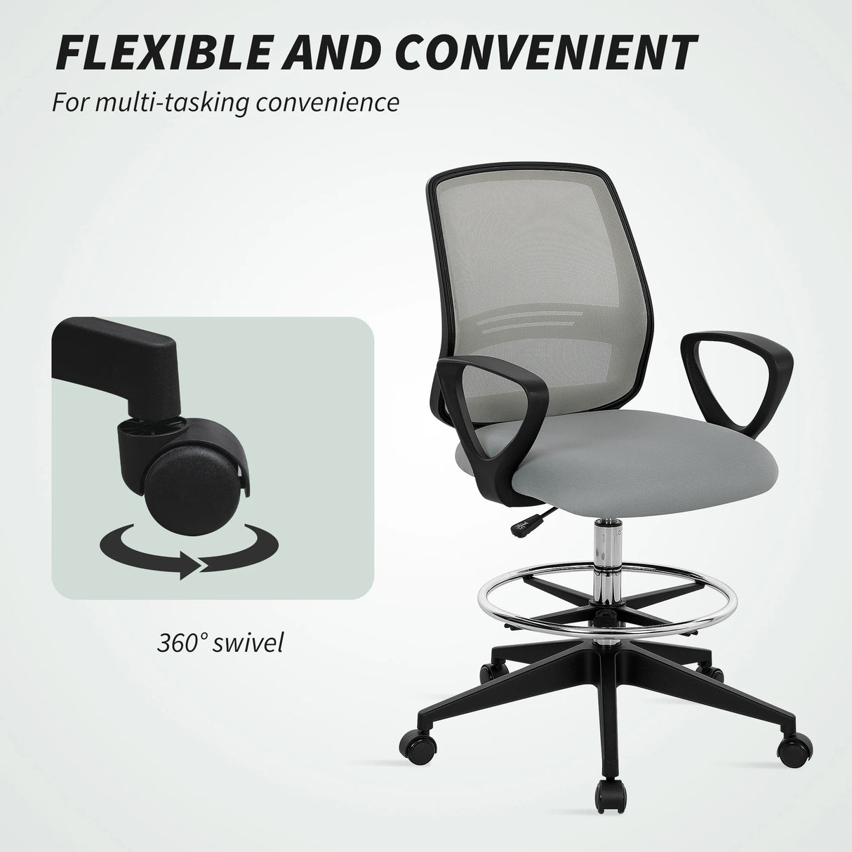 Vinsetto 100-120cm Draughtsman Office Chair, with Footrest - Light Grey