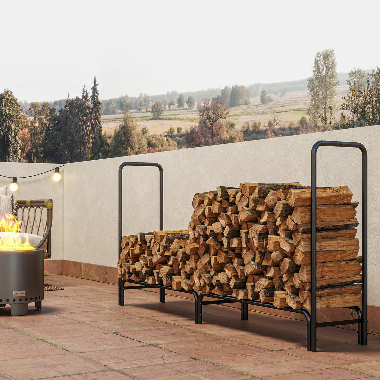 Outsunny Firewood Rack with Waterproof Cover, Heavy Duty Metal Log Store Indoors, Log Storage Holder for Outdoor Indoor Fireplace, 200 x 36 x 99 cm, Dark Green