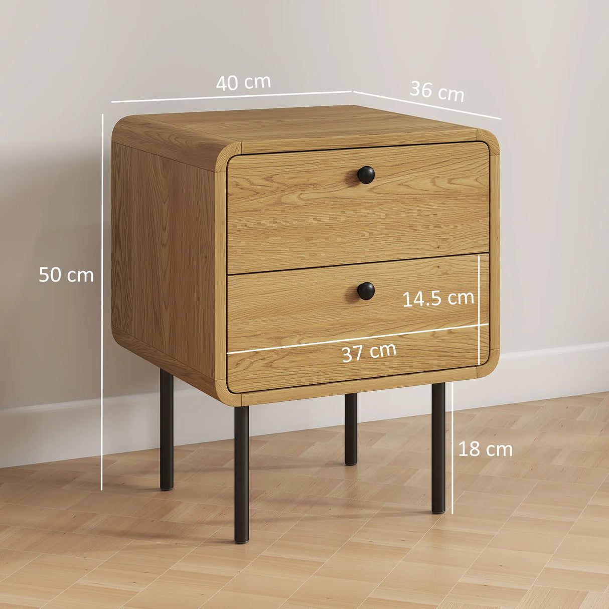HOMCOM Bedside Table with 2 Drawers and Steel Legs - Oak