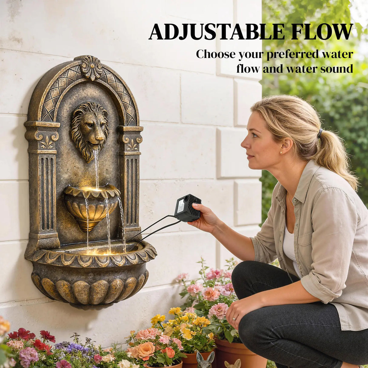 Outsunny Wall-Mounted Water Fountain, 3-Tier Cascading Waterfall with LED Lights and Adjustable Flow for Patio, Rustic Brown