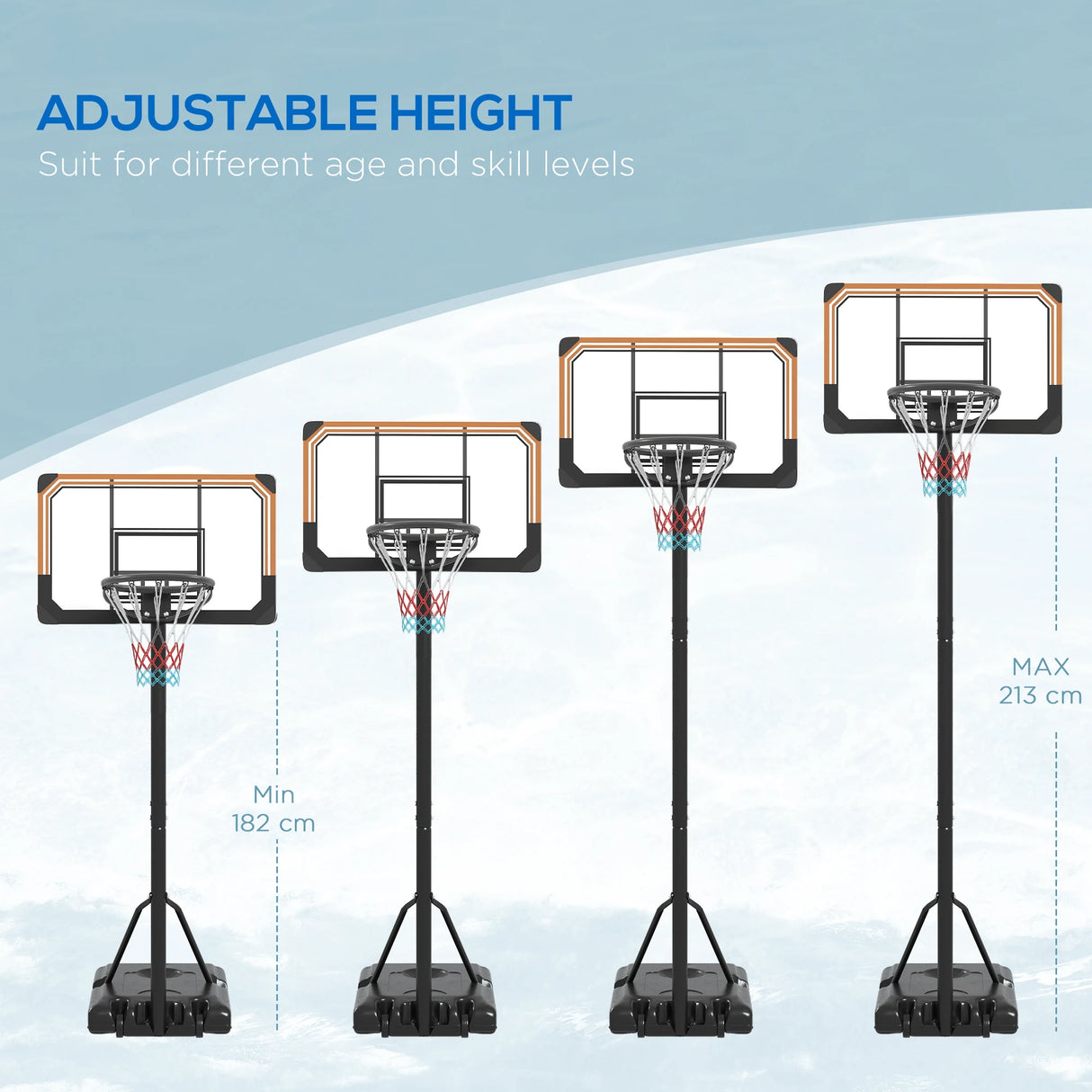 SPORTNOW Height Adjustable Basketball Stand Net Set System, Freestanding Basketball Hoop and Stand with Wheels, 182-213cm - Black
