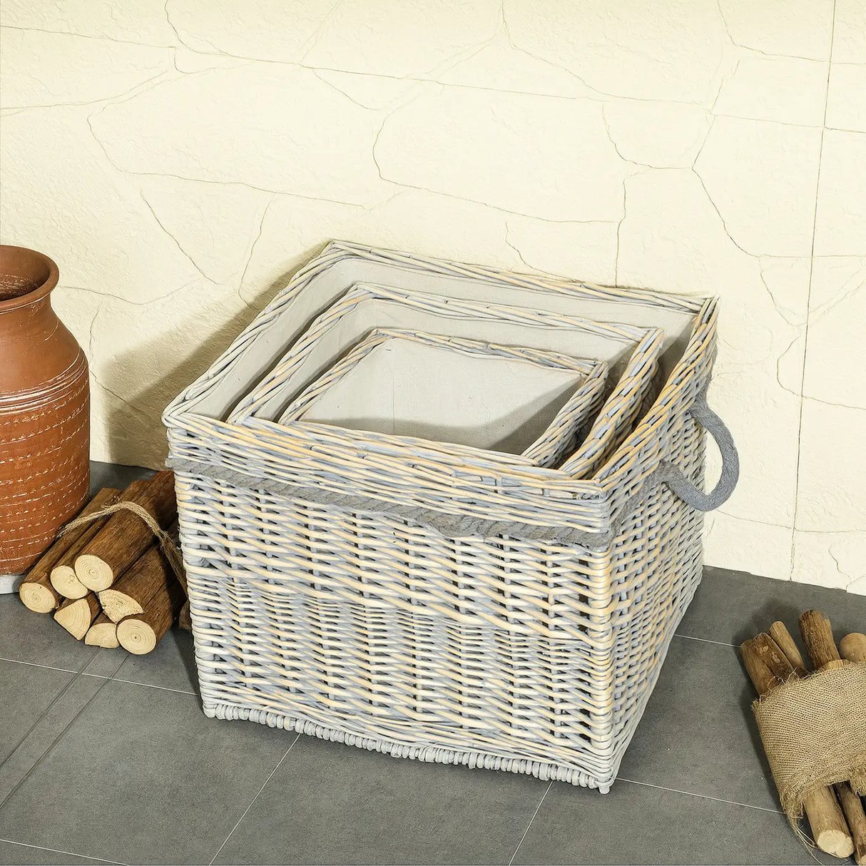 Outsunny Set of 3 Log Baskets for Wood Burner Indoor, Round Storage Basket with Lining and Rope Handles for Fireside Storage, Blankets, Beige