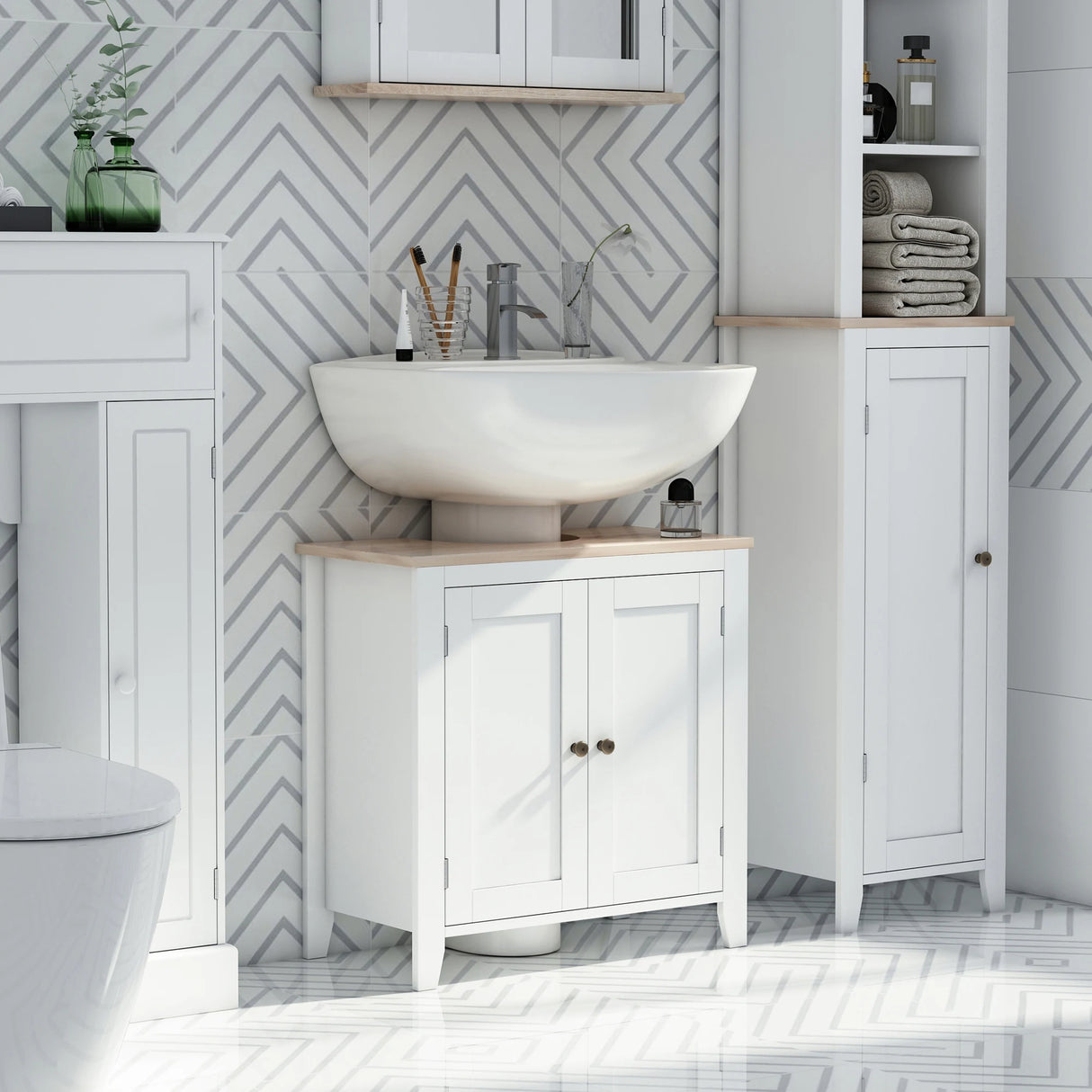 kleankin Under Sink Cabinet, Bathroom Sink Cabinet with 2 Doors, Pedestal Under Sink Design, Freestanding Bathroom Cupboard with Adjustable Shelf, White