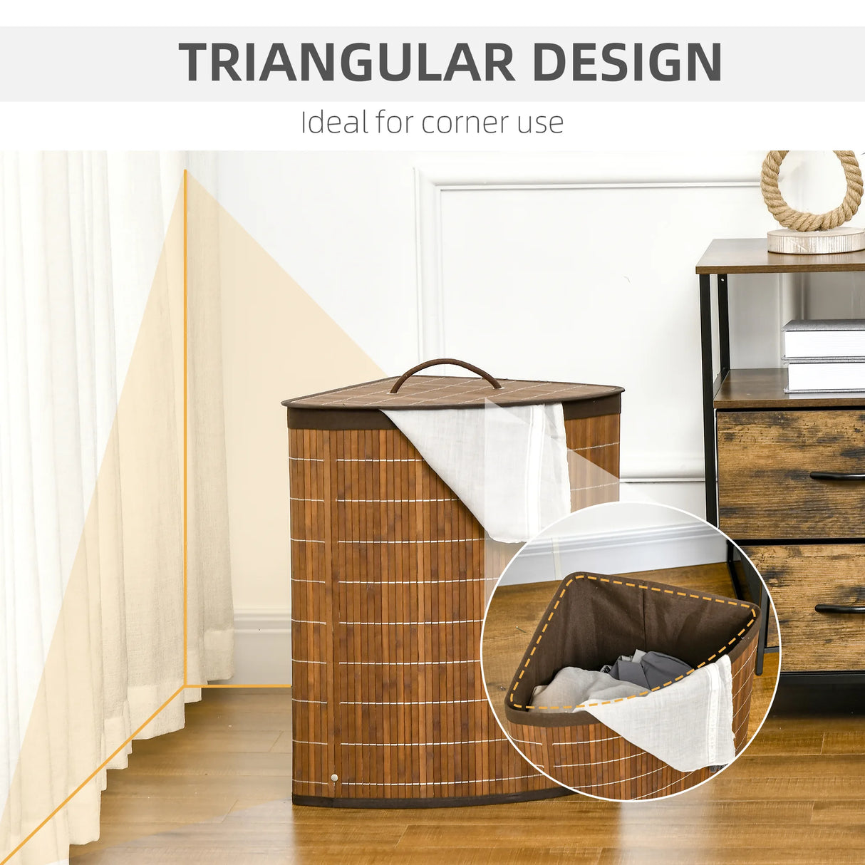 HOMCOM Bamboo Laundry Basket with Lid, 55 Litres Laundry Hamper with Removable Washable Lining, Corner Washing Baskets, 38 x 38 x 57cm, Brown