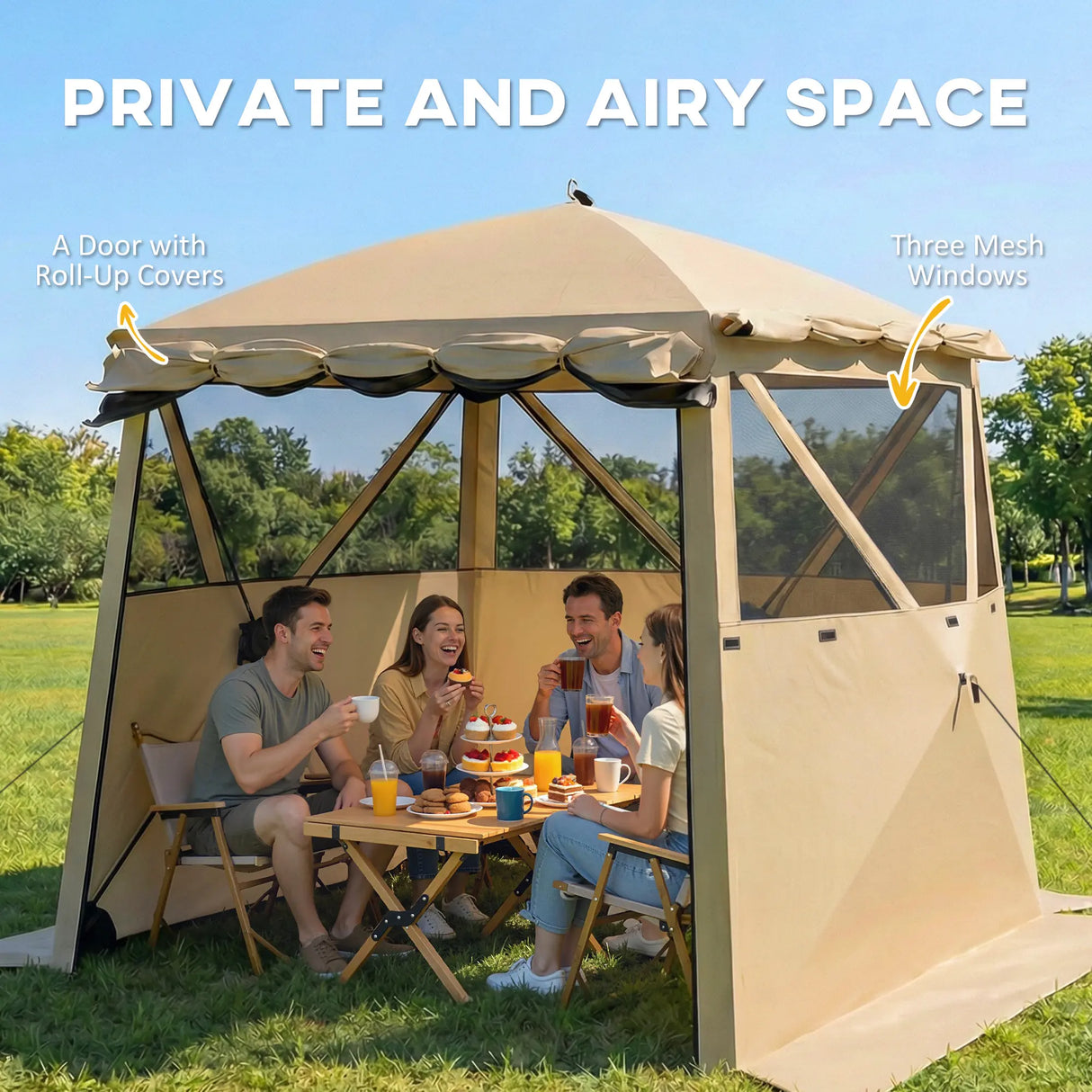 Outsunny Pop Up Gazebo Waterproof Instant Shelter with Awning Mesh Windows for Camping Patio 2 x 2 m, Khaki