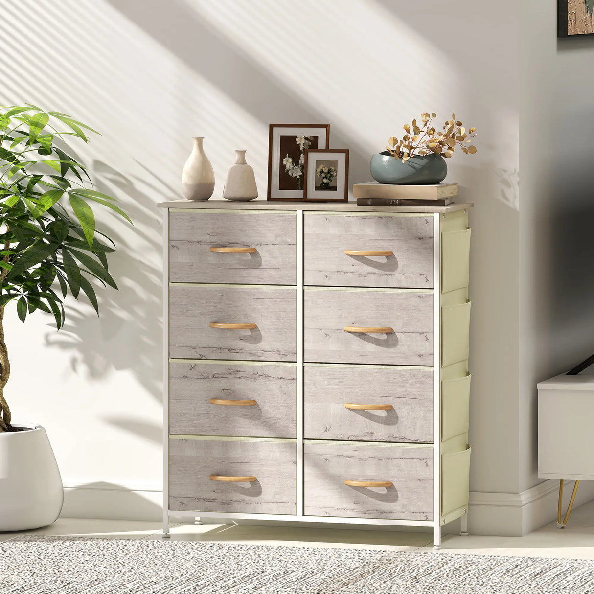 HOMCOM Chest of Eight Fabric Drawers - Natural Wood Finish