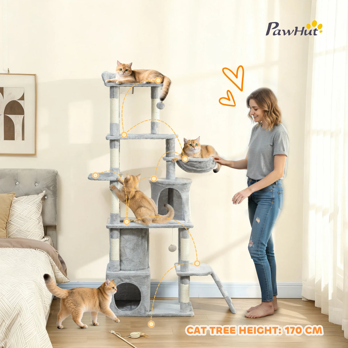 PawHut 170 cm Large Cat Tree, Cat Tower with 7 Scratching Posts, Tunnel, 2 Condos, Hammock, Perch, Ramp, Pompoms, Light Grey