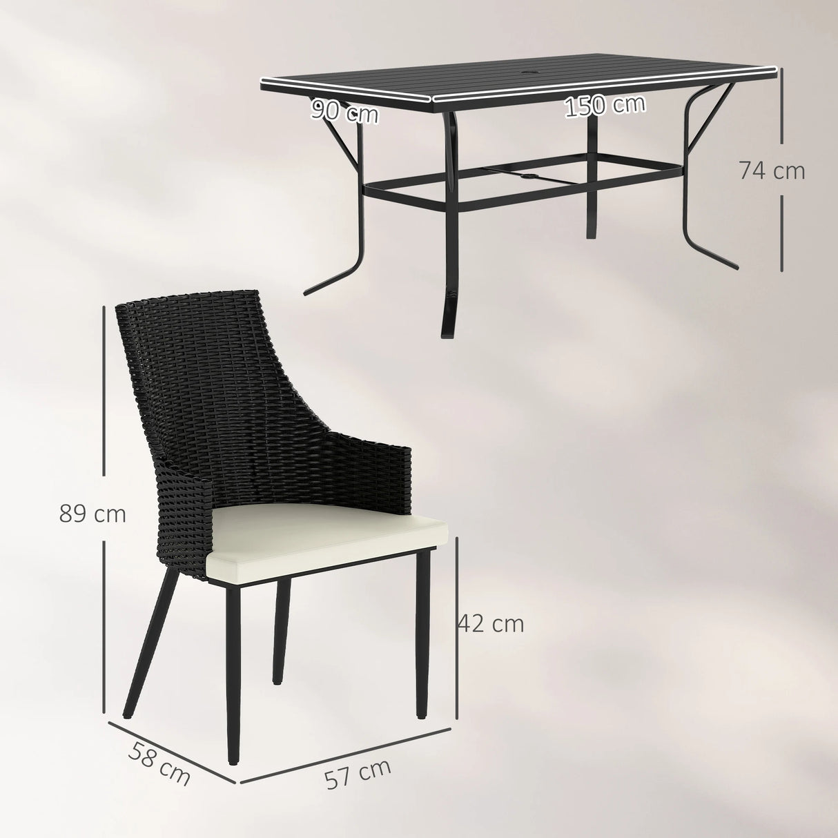 Outsunny 6 Seater Rattan Dining Set with Cushions, Garden Furniture Set with Armchairs, Rectangle Slatted Table Top, Steel Frame, Parasol Hole, Wicker Outdoor Furniture for Patio, Balcony, Cream White