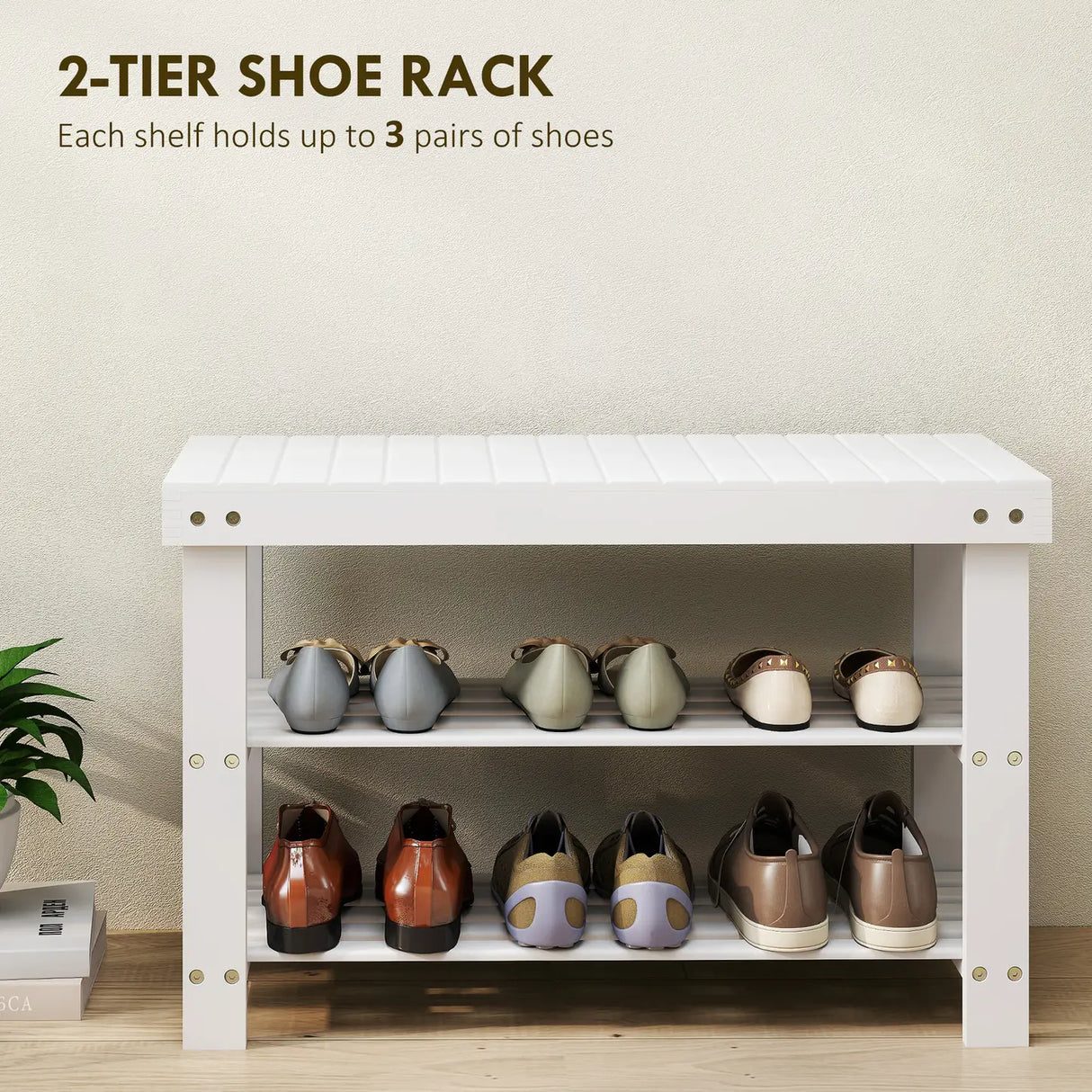 HOMCOM Two Shelf Bamboo Shoe Storage Bench - White