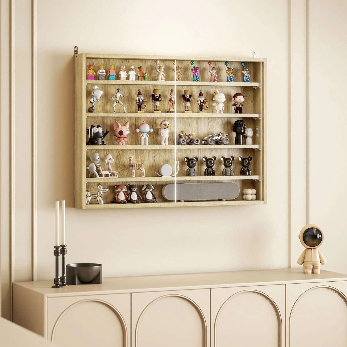 HOMCOM 5-Tier Wall Display Shelf Unit Cabinet w/ 4 Adjustable Shelves Glass Doors Home Office Ornaments 60x80cm Oak