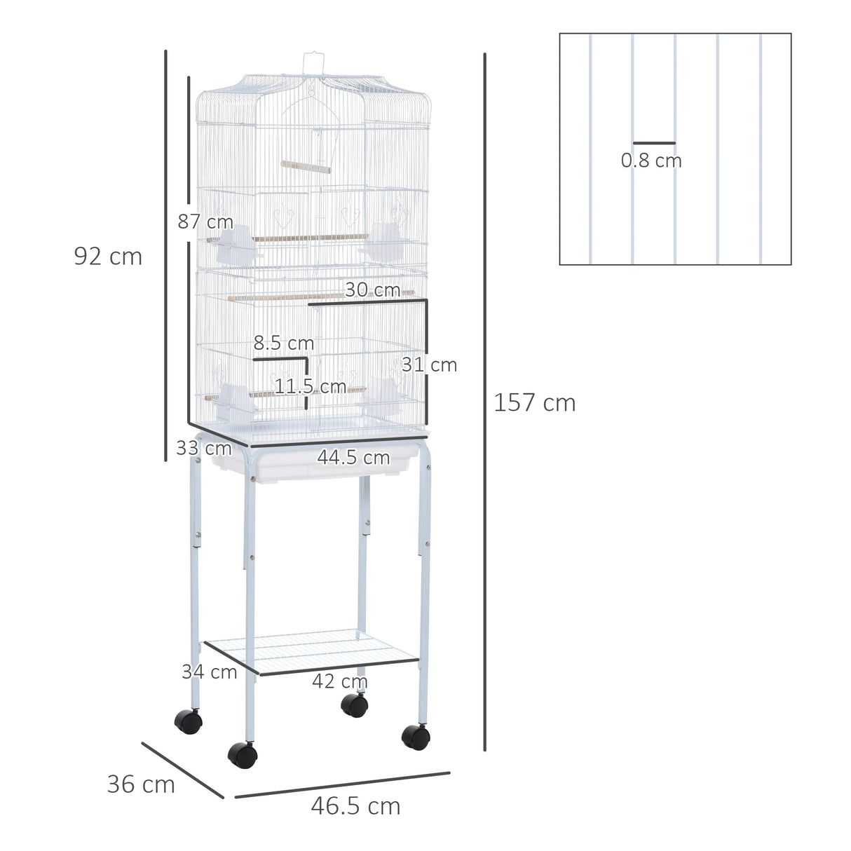 PawHut Bird Cage Budgie Cages for Finch Canary Parakeet with Stand Wheels Slide-out Tray Accessories Storage Shelf, White 46.5 x 36 x 157 cm