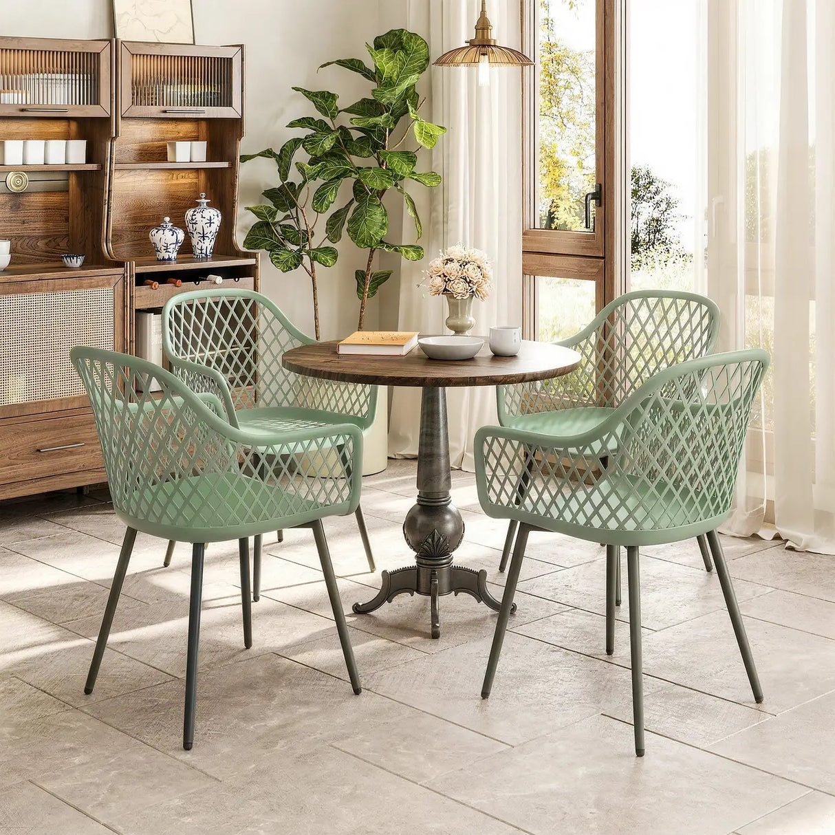 Outsunny Garden Chairs Set of 4, Garden Dining Chairs with Cut Out Diamond Back and Armrests for Patio, Balcony, Terrace, Green
