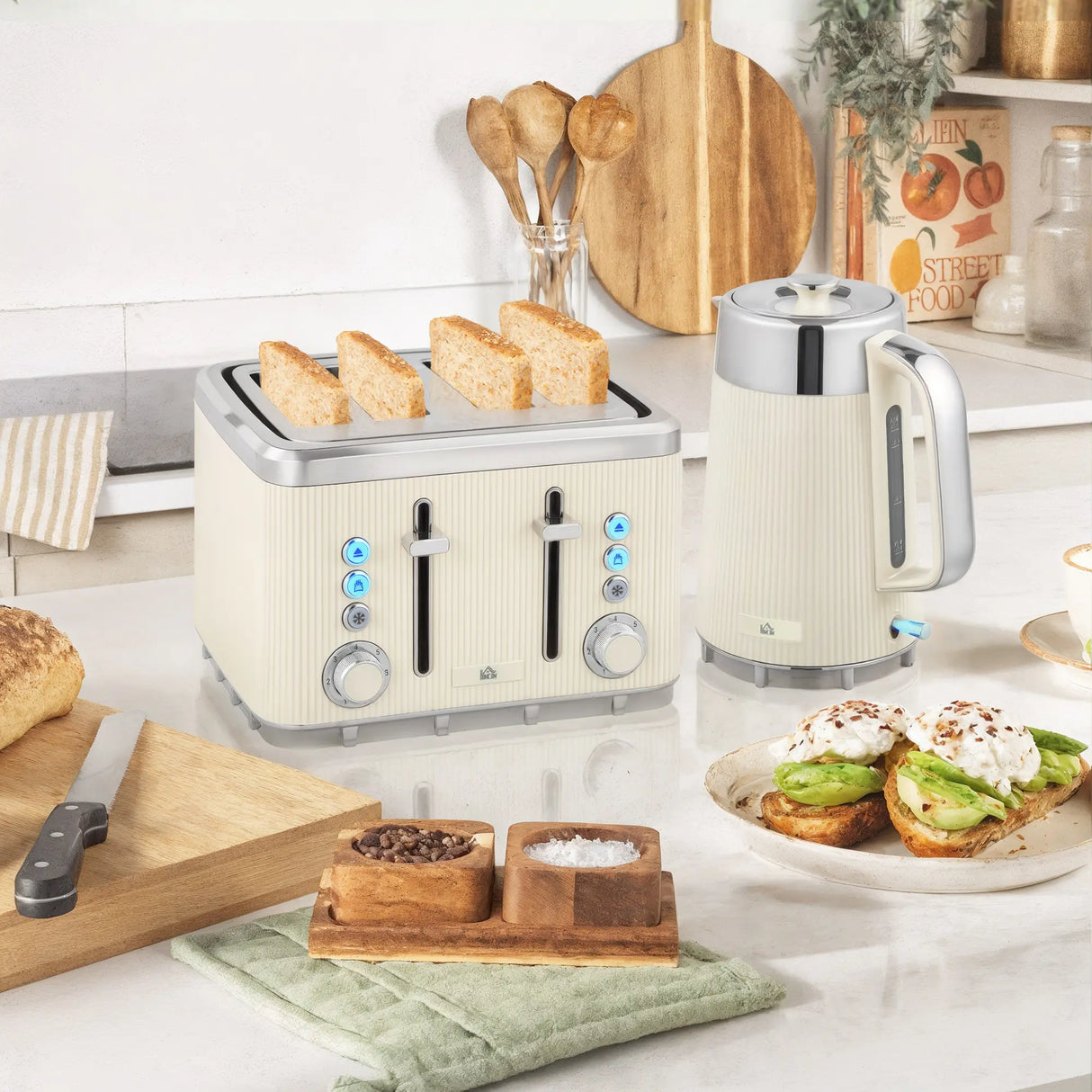 HOMCOM Electric Stainless Steel Kettle and Toaster Set, 3000W 1.7L UK Strix Thermostat Fast Boil Kettle w/ Limescale Filter, Cool Touch Body, 4 Slice Toaster with 7 Browning Levels, Crumb Tray, Cream