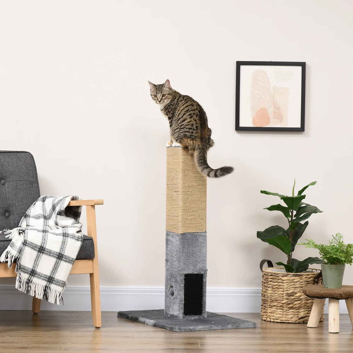 PawHut Cat Tree Scratching Post for Indoor Cats 79cm Jute Scratcher Climber w/ Carpet Base Dangling Toy Grey