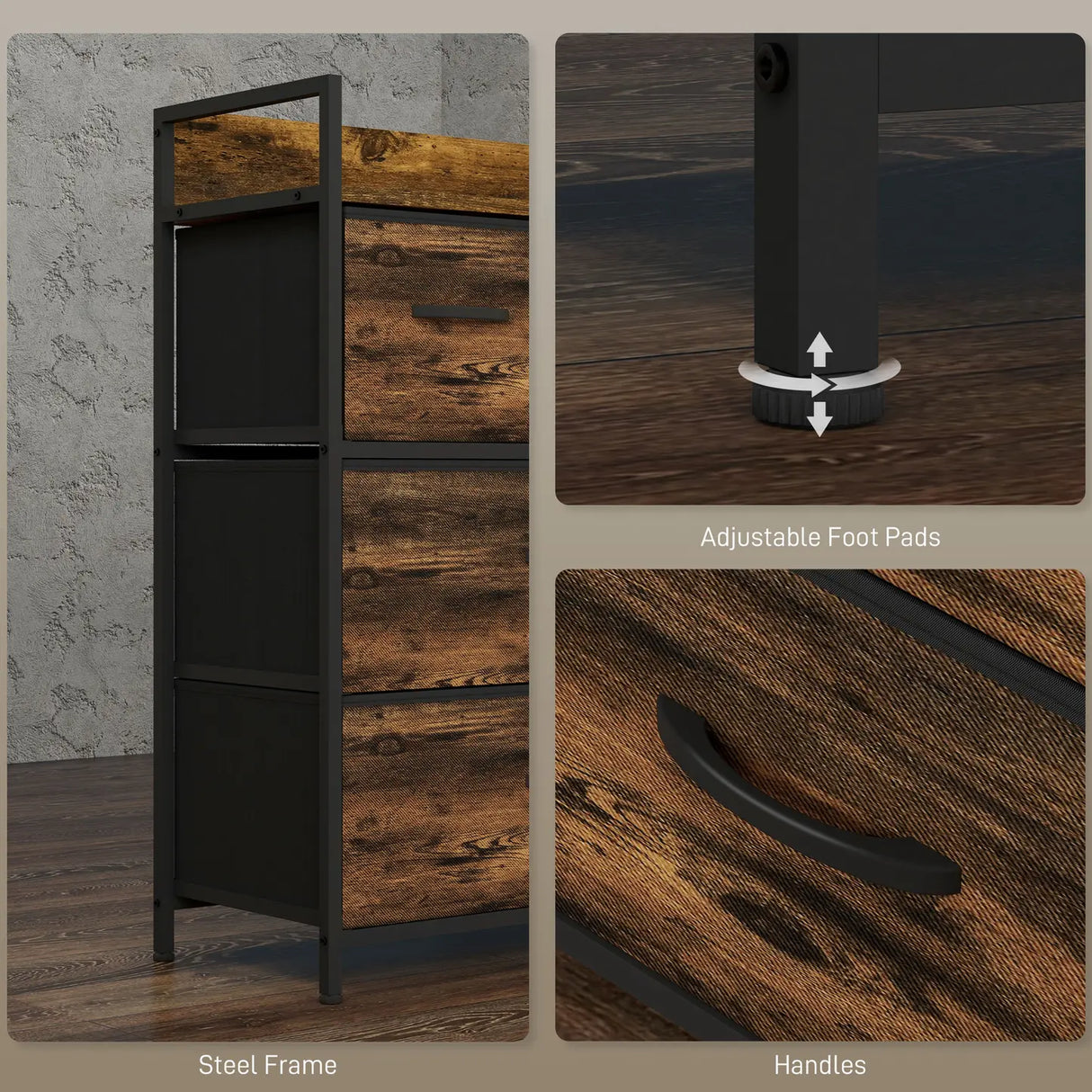 HOMCOM Rustic Chest of Four Fabric Drawers - Rustic Brown