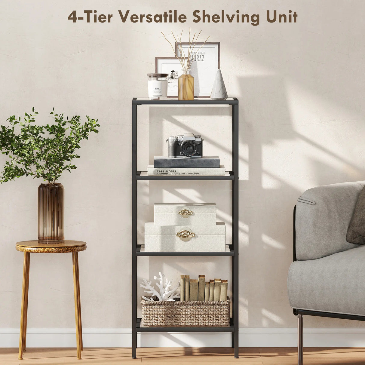 HOMCOM 4-Tier Shelving Unit, Glass Shelf, Vertical Storage Shelf for Living Room, Home Office, Bedroom, Bathroom, Black