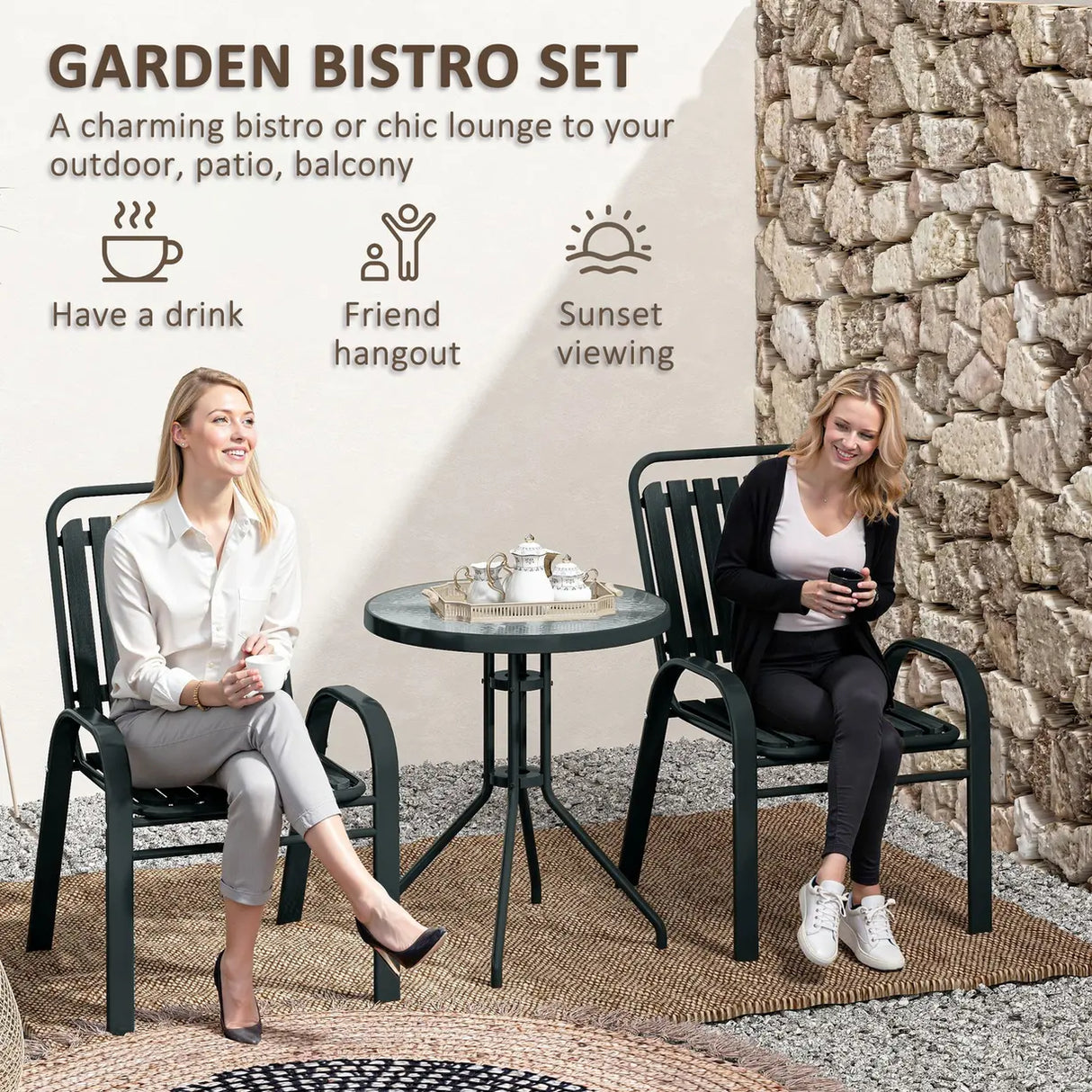 Outsunny 3 Pieces Patio Bistro Set with Stackable Chairs, Tempered Glass Table, for Outdoor, Balcony, Patio, Garden Charcoal Grey