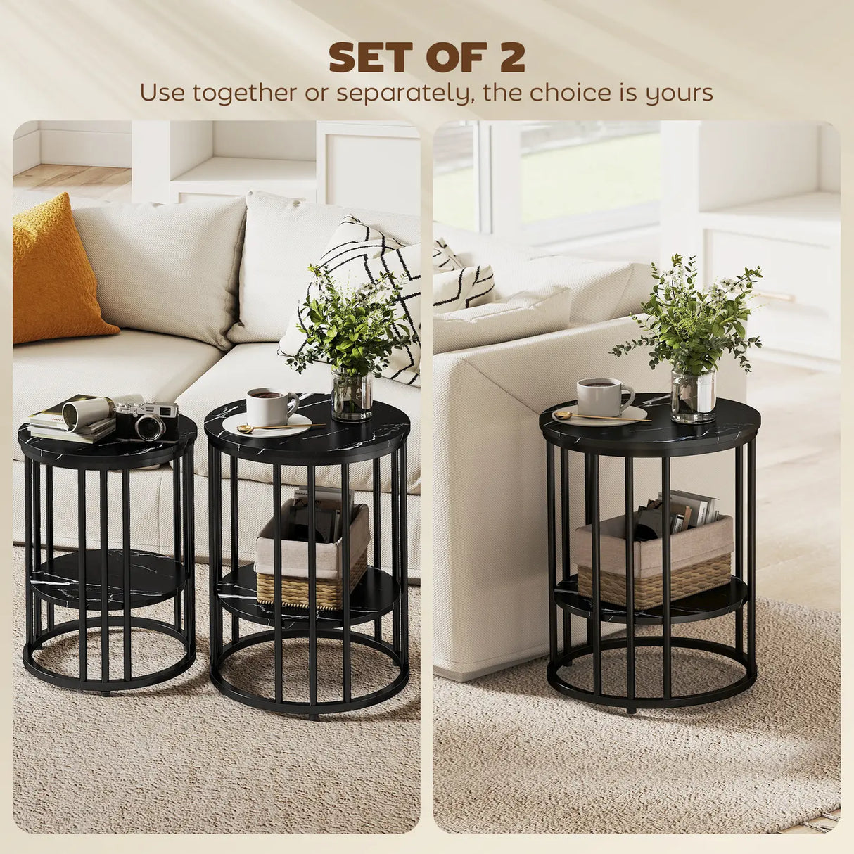 HOMCOM Set of Two Marble-Effect Coffee Tables - Black