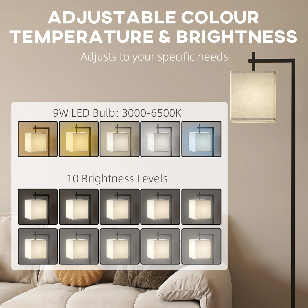 HOMCOM Floor Lamp for Living Room, 66" Modern Tall Standing Lamp with Adjustable Colour Temperatures & 10 Brightness Levels, Remote Control and Foot Switch for Bedroom Office, 9W LED Bulb Included