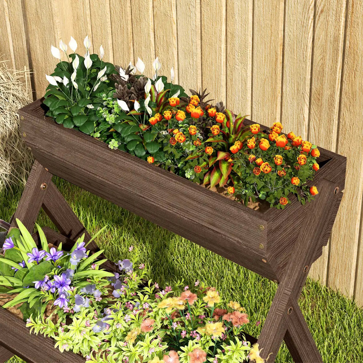 Outsunny 3 Tier Raised Garden Bed Wooden Elevated Planter Box Kit, 66L for Flower, Vegetable, Herb, 65x75x78cm, Tan