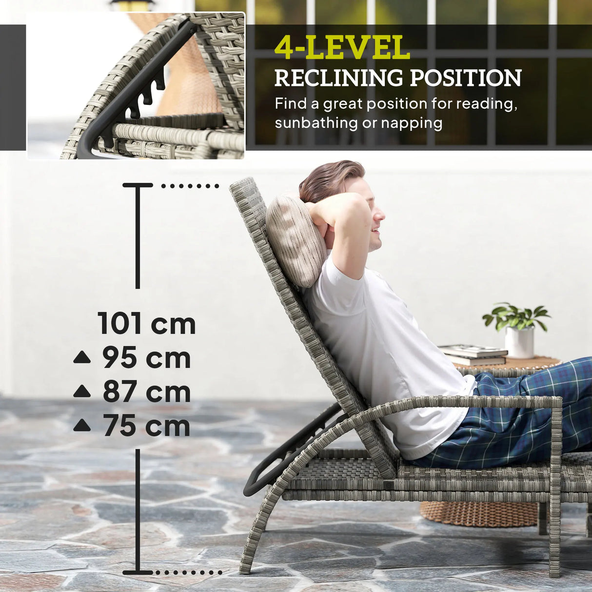 Outsunny Reclining Rattan Lounger, with Extending Footrest - Grey