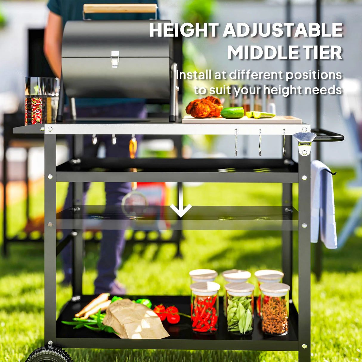 Outsunny BBQ Trolley with Stainless Steel Top Adjustable Shelf, Outdoor Kitchen Barbecue Station with Hooks Seasoning Tray Towel Rack, Pizza Oven Table Movable Grill Dining Cart with Cover, Black