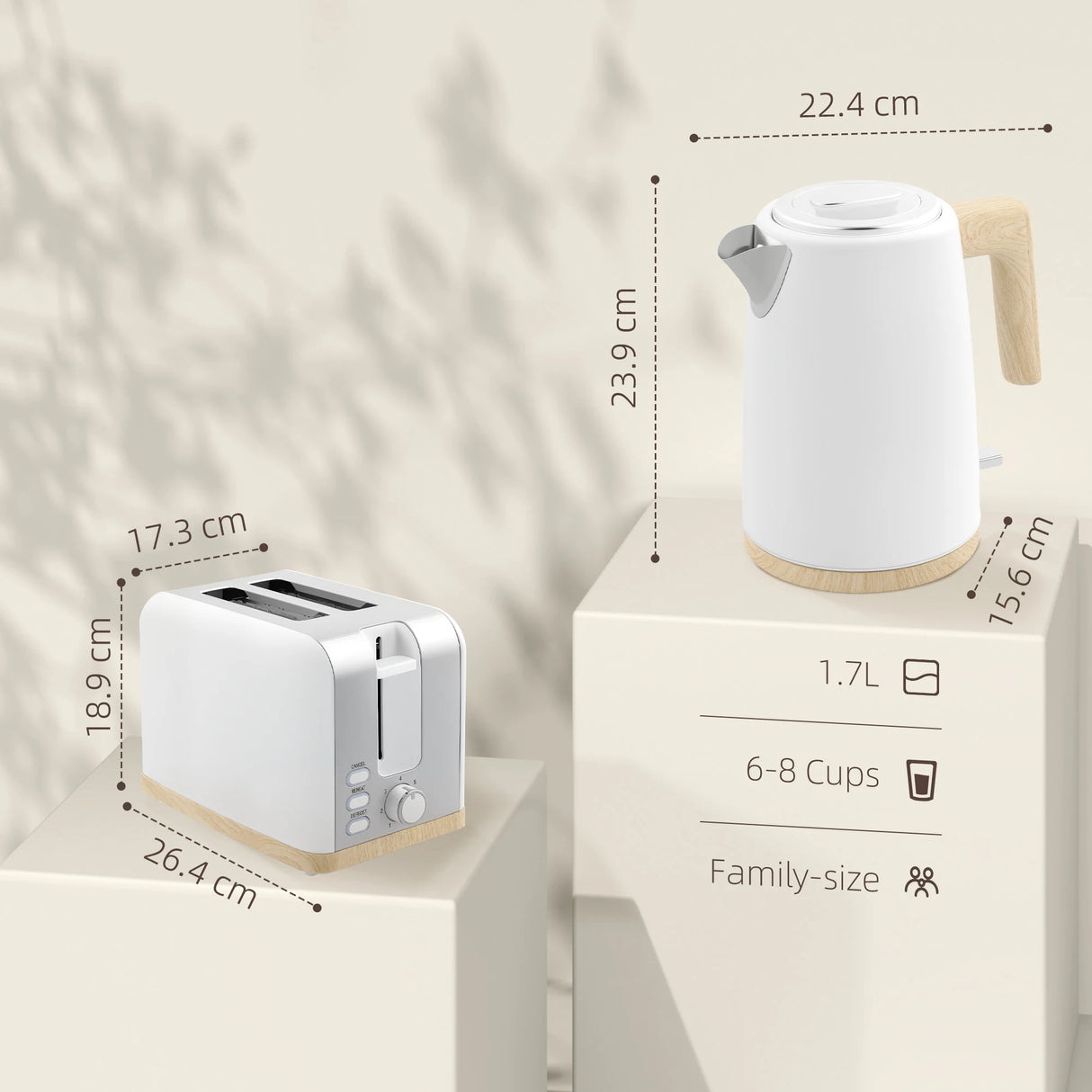 HOMCOM Stainless Steel Kettle and Toaster Set, 1.7L 3000W Fast Boil Kettle & 2 Slice Toaster Kitchen Set with 7 Level Browning Controls, Defrost, Reheat, Auto Off, Boil-dry Protection, White