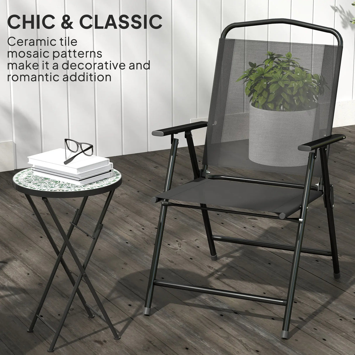 Outsunny Mosaic Outdoor Garden Table, 35.5cm Round Folding Coffee Table with Metal Frame for Balcony Terrace, Green