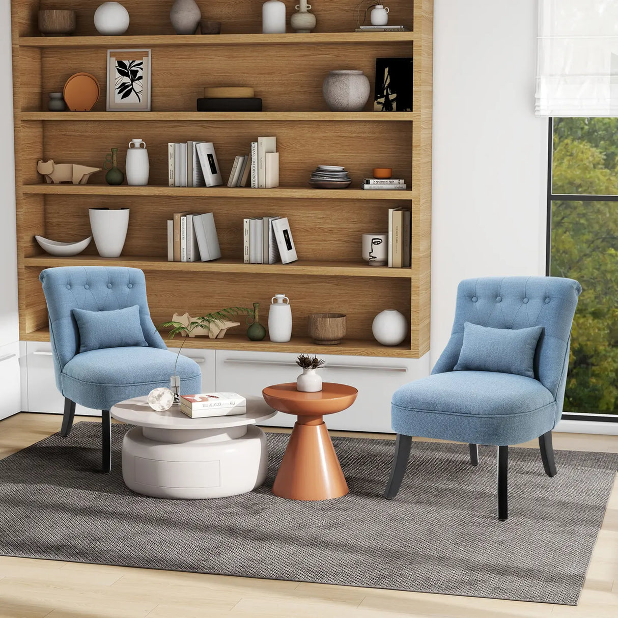 HOMCOM Tub Chair, Armless Single Sofa, Modern Button Tufted Armchair, Upholstered Linen Fabric Longue Accent Chair for Living Room, Bedroom, Set of 2, Blue