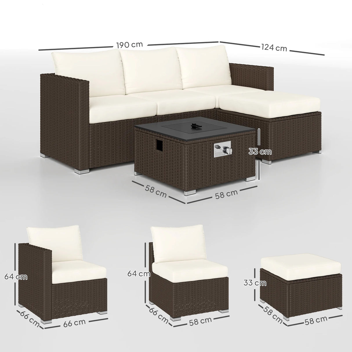 Outsunny Five Piece Rattan Garden Furniture Set with Gas Fire Pit Table and Footstool - Brown and Cream White
