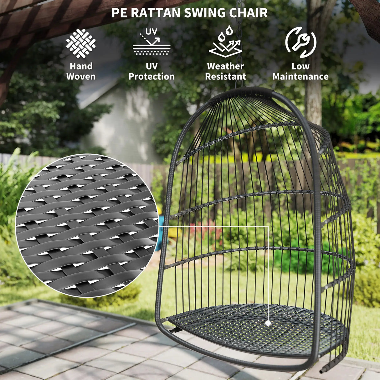 Outsunny Hanging Egg Chair, Foldable Rattan Garden Swing Chair with Installation Kit, Thickened Cushion and Headrest, Indoor Outdoor Hanging Egg Basket Seat for Patio, Porch, Dark Grey