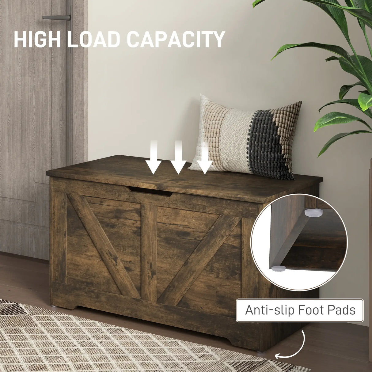 HOMCOM 100L Home Storage Box, with Safety Hinges - Rustic Brown