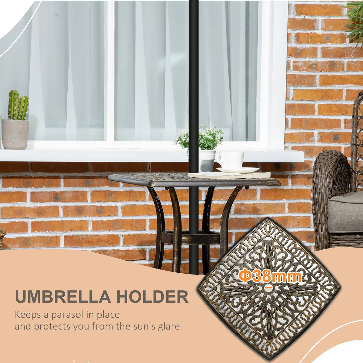 Outsunny Outdoor Patio Side Table with 38mm Dia. Umbrella Hole, Cast Aluminium Patio coffee Table, 54 x 54cm, Bronze Tone