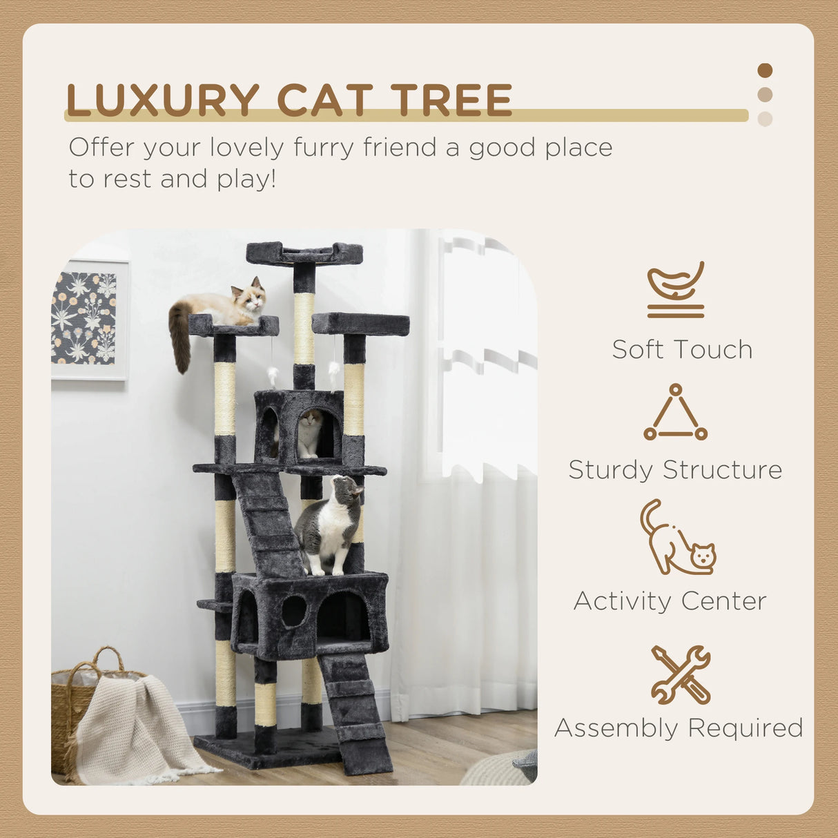 PawHut 173cm Cat Tree Scratching House, Activity Play Centre, Charcoal Grey