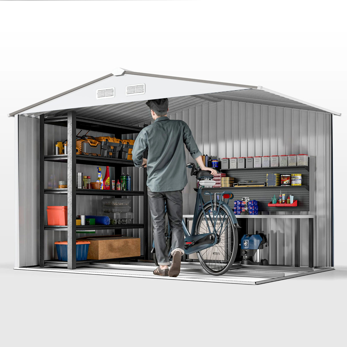 Outsunny Metal Bike Shed, Mobility Scooter Shed House with Foundation Kit, Ventilation, Doors, 9 x 6FT, Silver